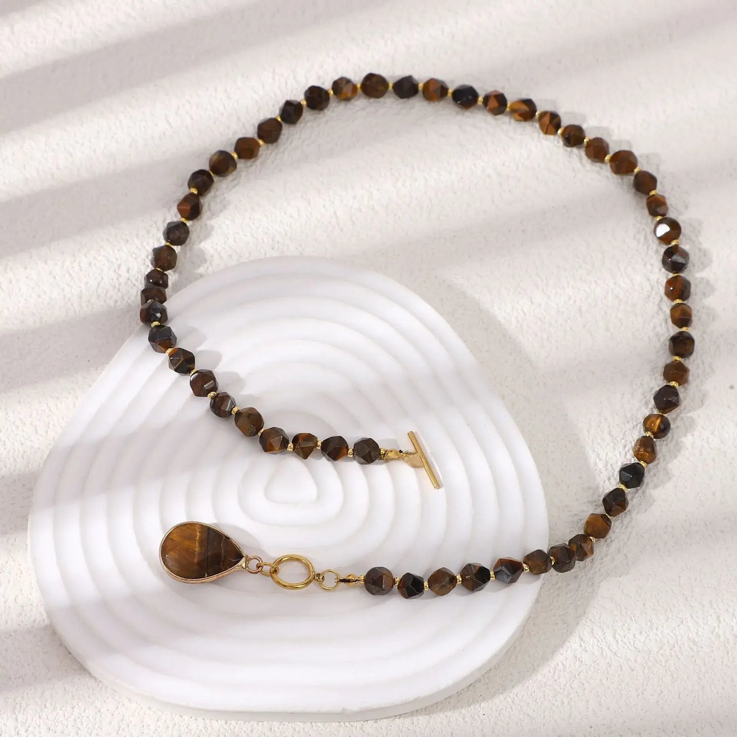 Natural Tiger Eye & Agate Geometric Beaded Pendant Necklace