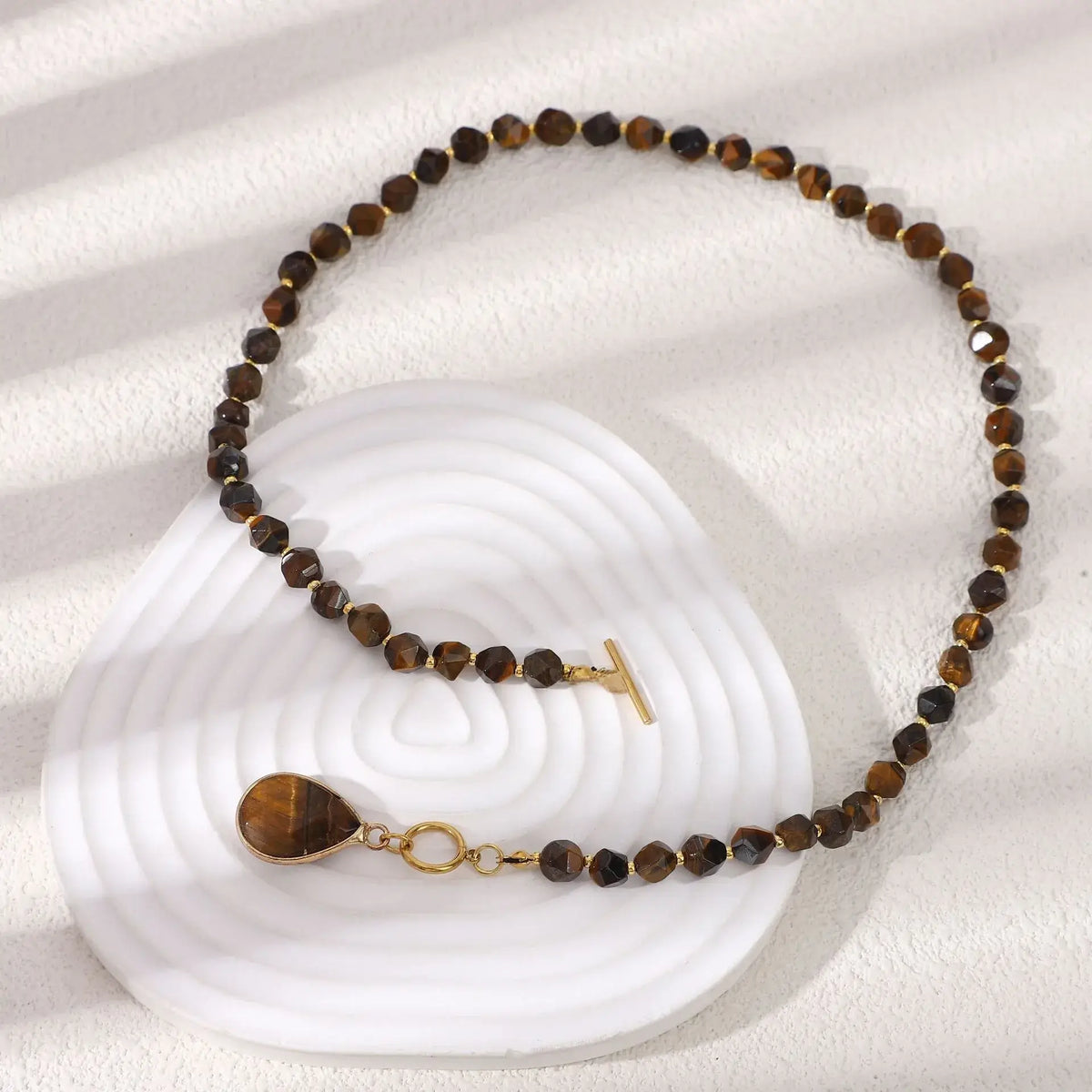 Natural Tiger Eye & Agate Geometric Beaded Pendant Necklace