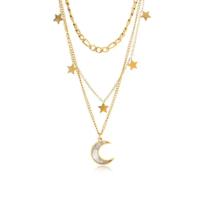 Moon and Star Layer Necklace Stainless Steel