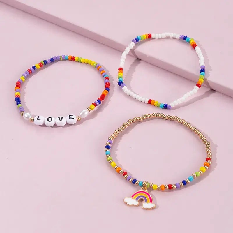 Set of Three Beaded Rainbow Stretch Bracelets