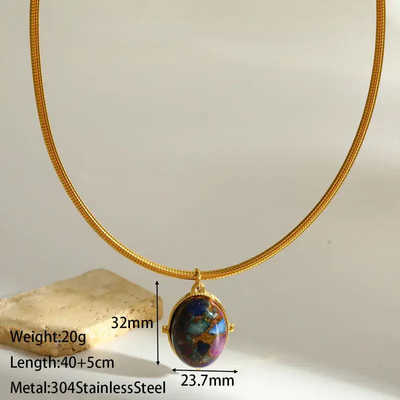 18K Gold Oval Choker Necklace with Natural Stone