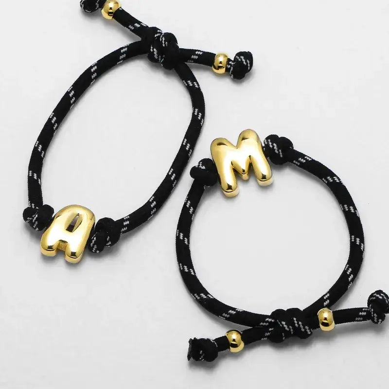 18K Gold Letter Charm Woven Bracelet with Adjustable Rope