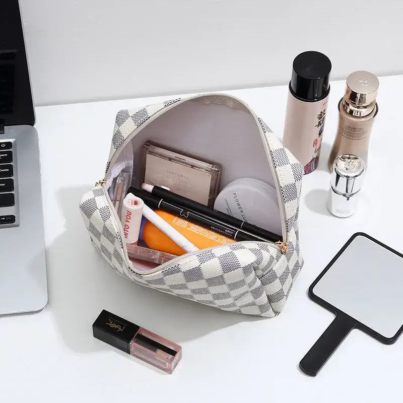 Waterproof Checkered PU Leather Cosmetic & Makeup Bag