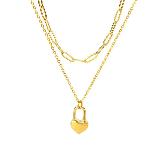 Double Layering Necklace with Paperclip & Lock Heart