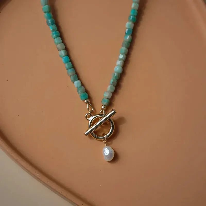 Natural Stone Beaded Necklace – Pearl Toggle Boho Gemstone J