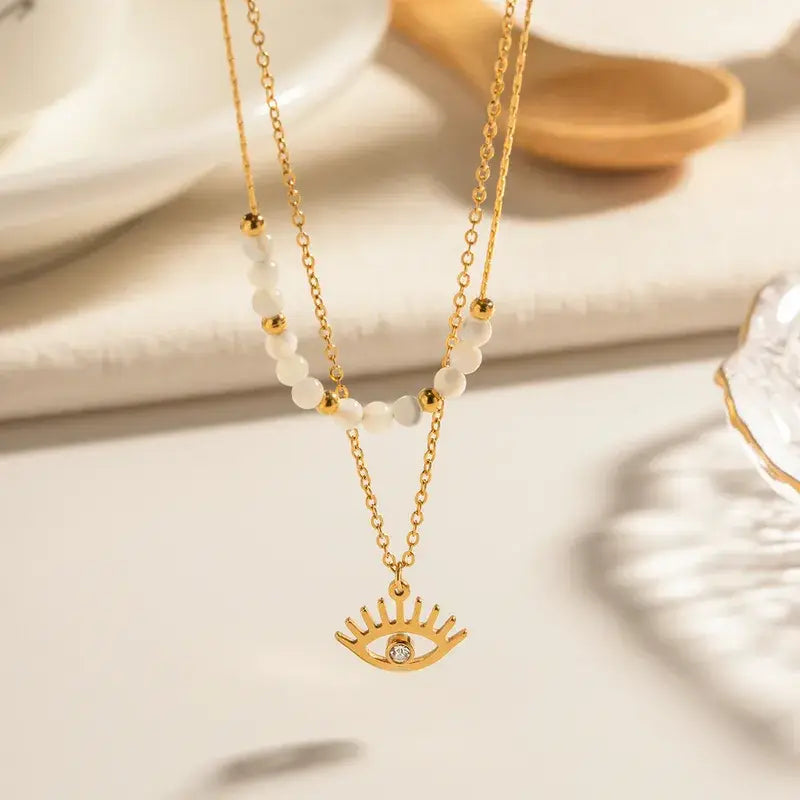 Evil Eye Gold Plated Stainless Steel Layered Necklace