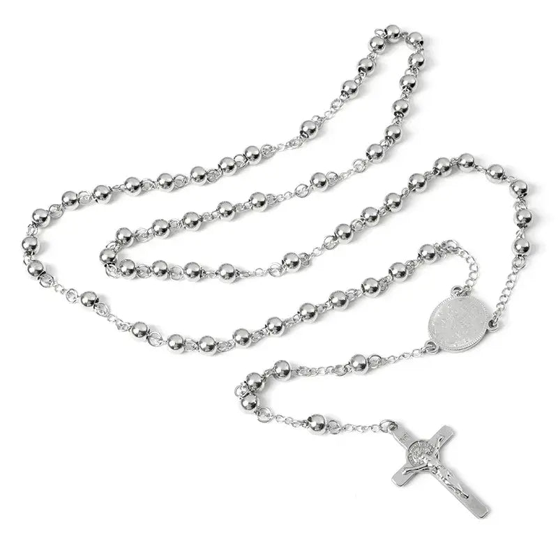 Silver Rosary Cross Bead Necklace Stainless Steel