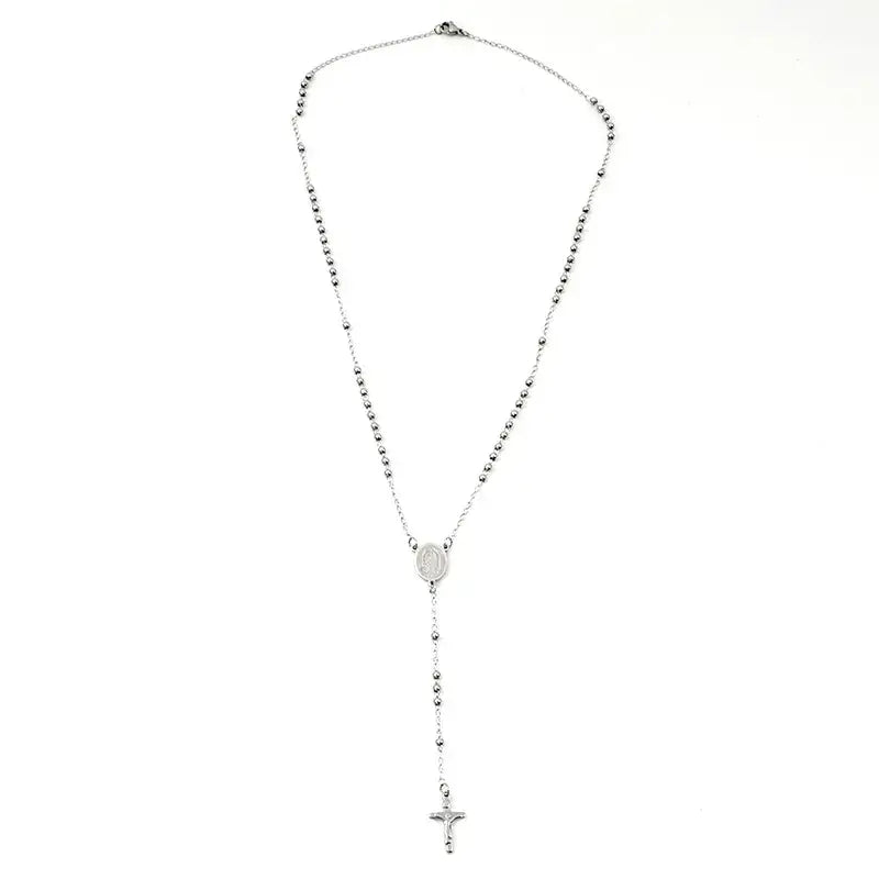 Silver Rosary Cross Bead Necklace Stainless Steel