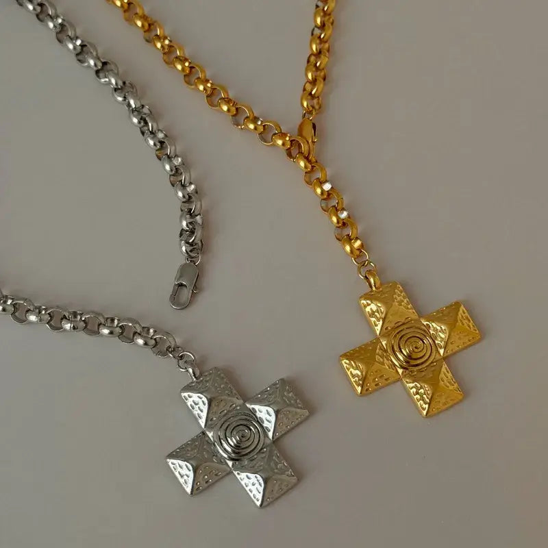 Chunky Cross Pendant Necklace in Silver or Gold
