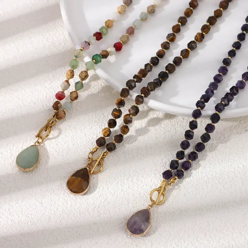 Natural Tiger Eye & Agate Geometric Beaded Pendant Necklace
