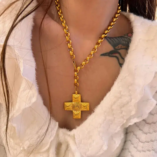 Chunky Cross Pendant Necklace in Silver or Gold