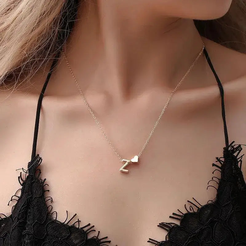 Initial Alloy Gold Pendant Necklace with Letter Heart Charm