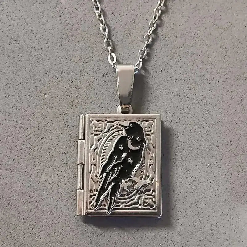 Gothic Crow Raven Locket Necklace – Celestial Moon Halloween