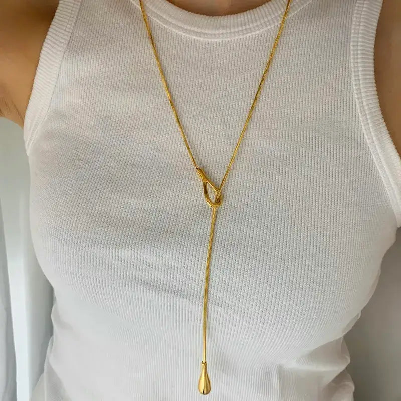 Water Droplet Long Necklace in Gold or Silver