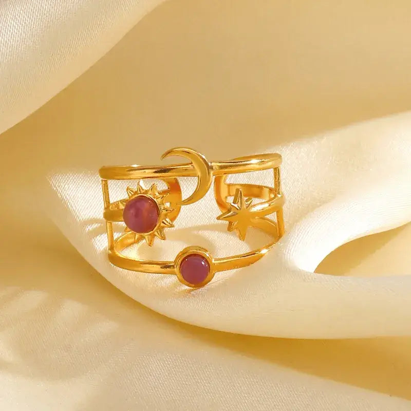 Moon and Star with Stones Adjustable Ring Jewelry