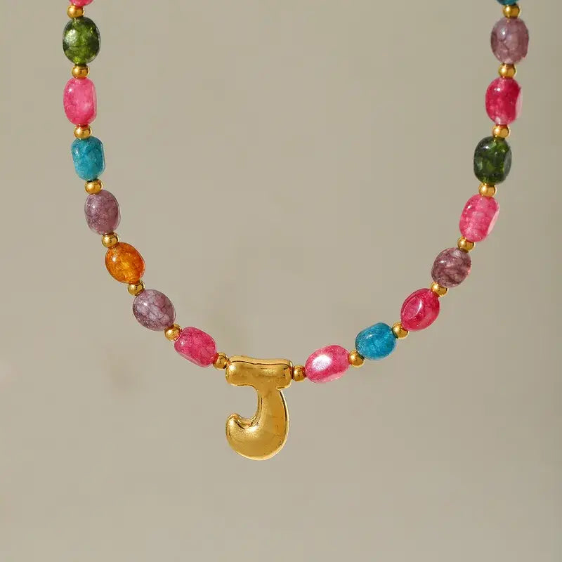 18K Gold Plated Initial Stone Beaded Necklace Jewelry