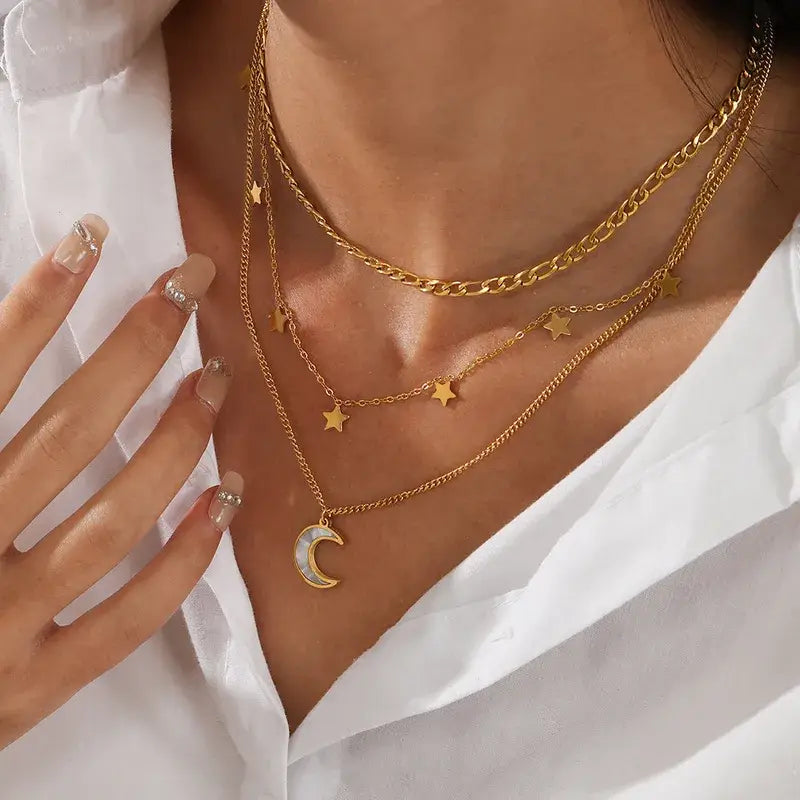 Moon and Star Layer Necklace Stainless Steel