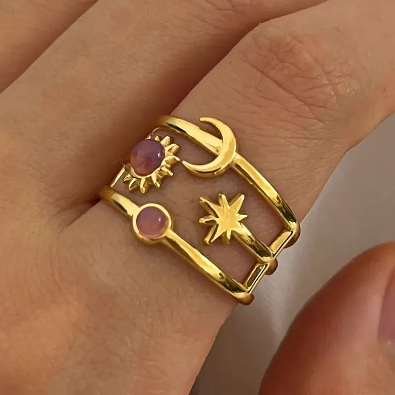 Moon and Star with Stones Adjustable Ring Jewelry