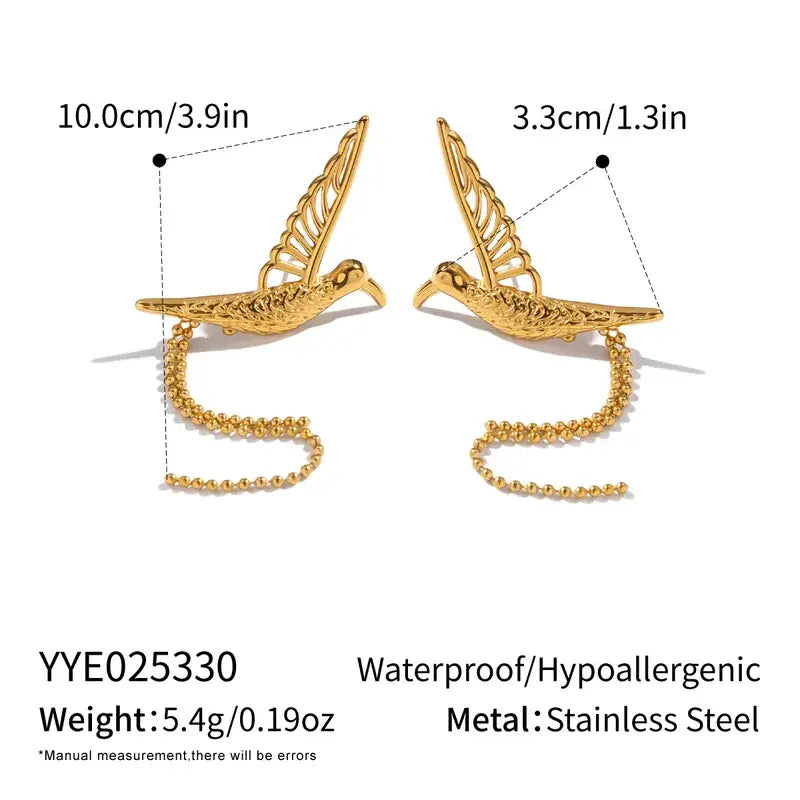 18K Gold Bird Tassel Earrings – Stainless Steel