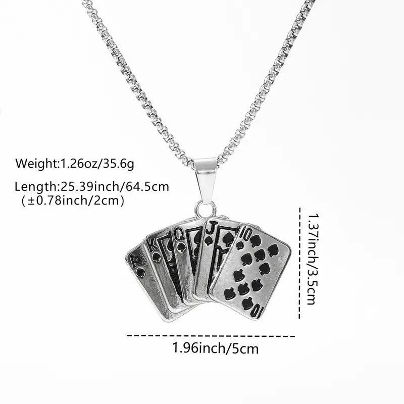 3D Playing Cards Necklace – Silver Stainless Steel