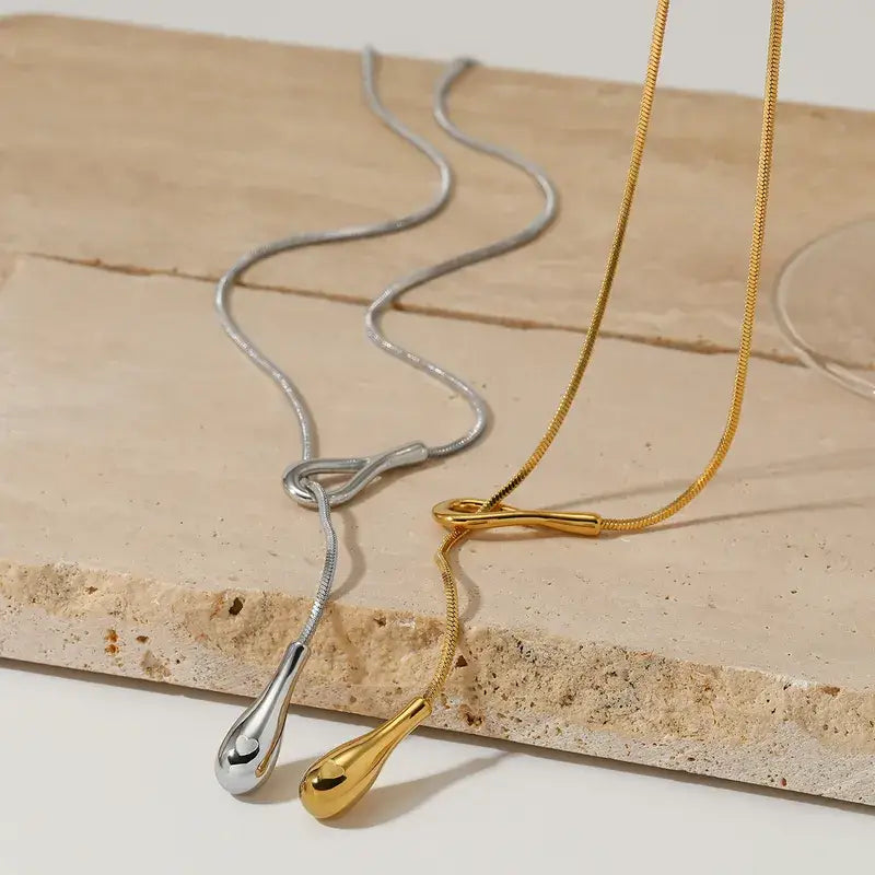Water Droplet Long Necklace in Gold or Silver