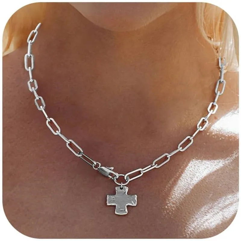 Cross Necklace with Chunky Chain – Stainless Steel Gold or Silver