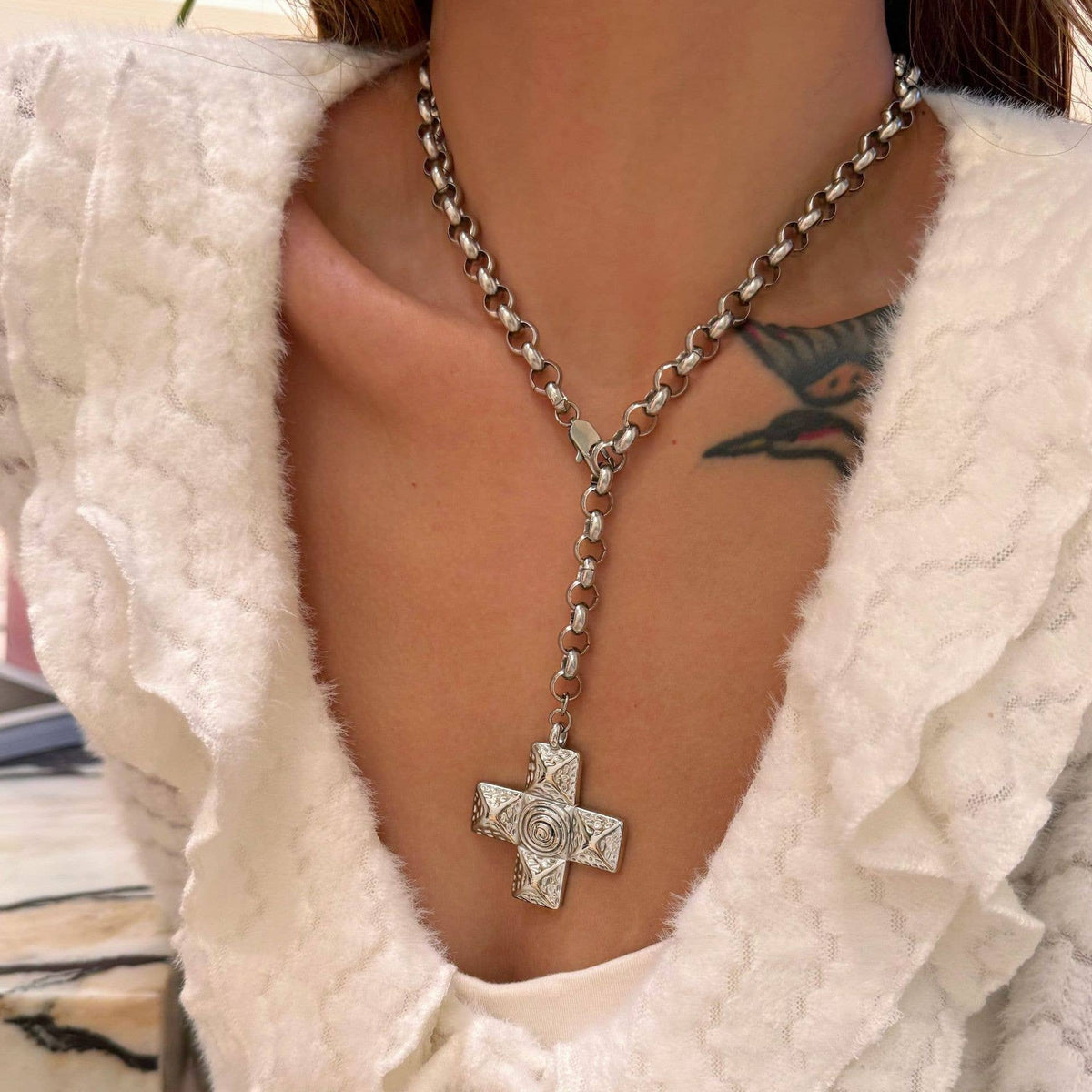 Chunky Cross Pendant Necklace in Silver or Gold