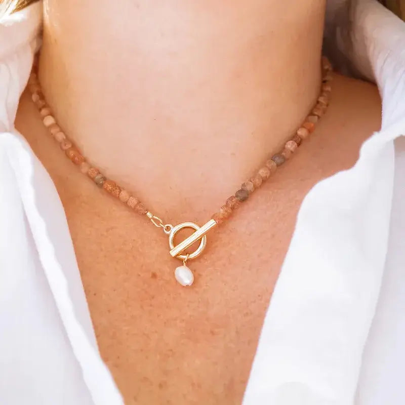 Natural Stone Beaded Necklace – Pearl Toggle Boho Gemstone J