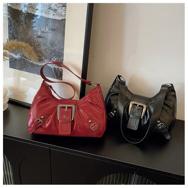 Women’s Square PU Leather Shoulder Bag – Black or Red
