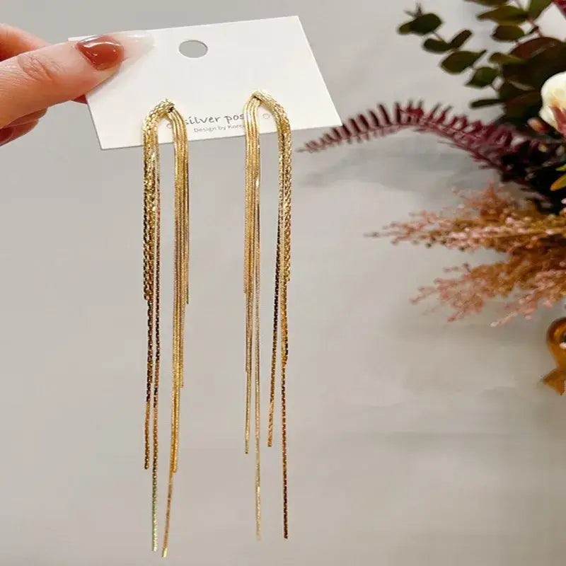 Gold Long Tassel Stud Earrings