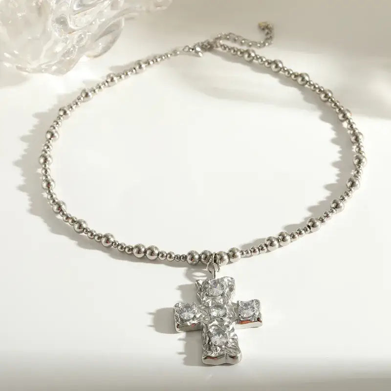 Zircon Cross Necklace – Gold or Silver Stainless Steel