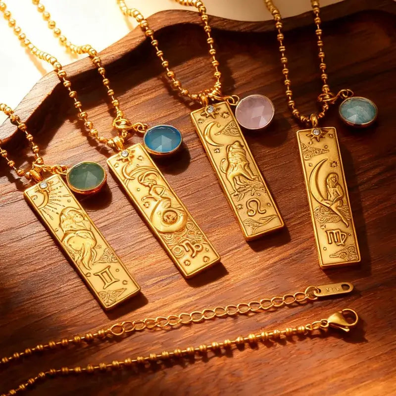 Zodiac Birthstone Tag Necklace, 18K Gold PVD