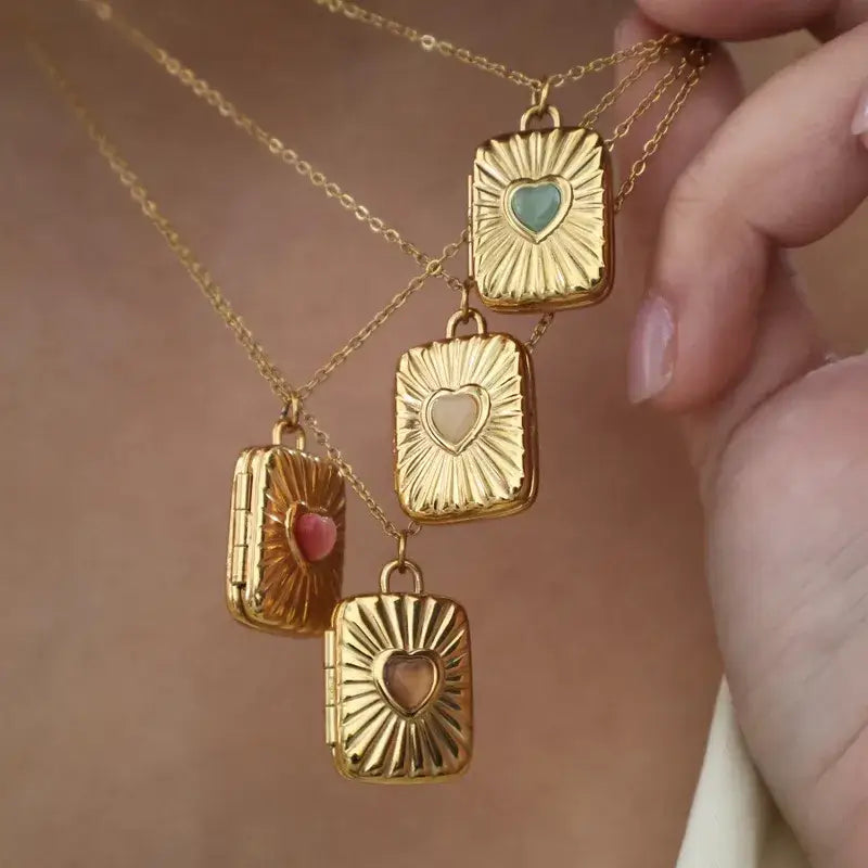18K Gold Geometric Heart Locket Necklace – Stainless Steel