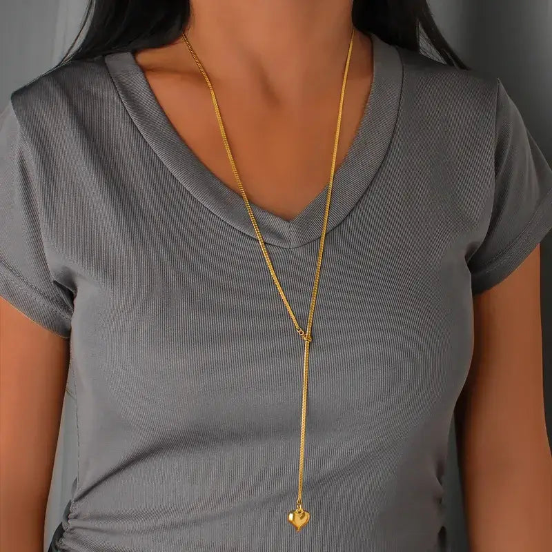 Stainless Steel Sweater Chain Necklace with Heart Jewlery