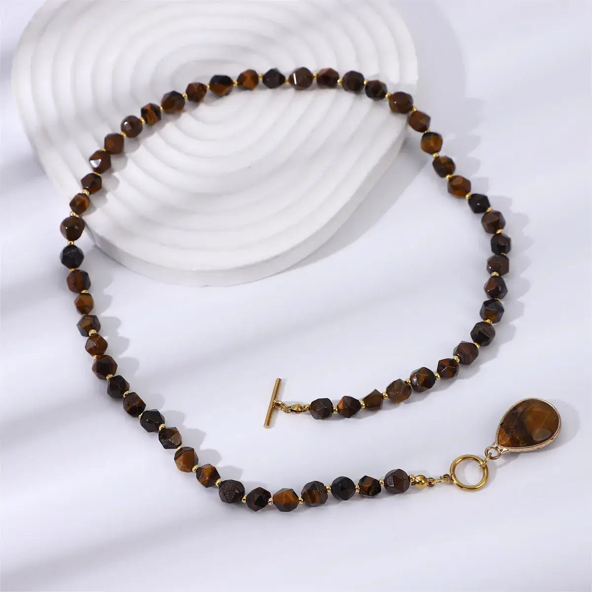 Natural Tiger Eye & Agate Geometric Beaded Pendant Necklace