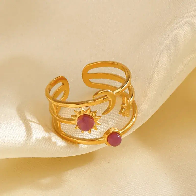Moon and Star with Stones Adjustable Ring Jewelry