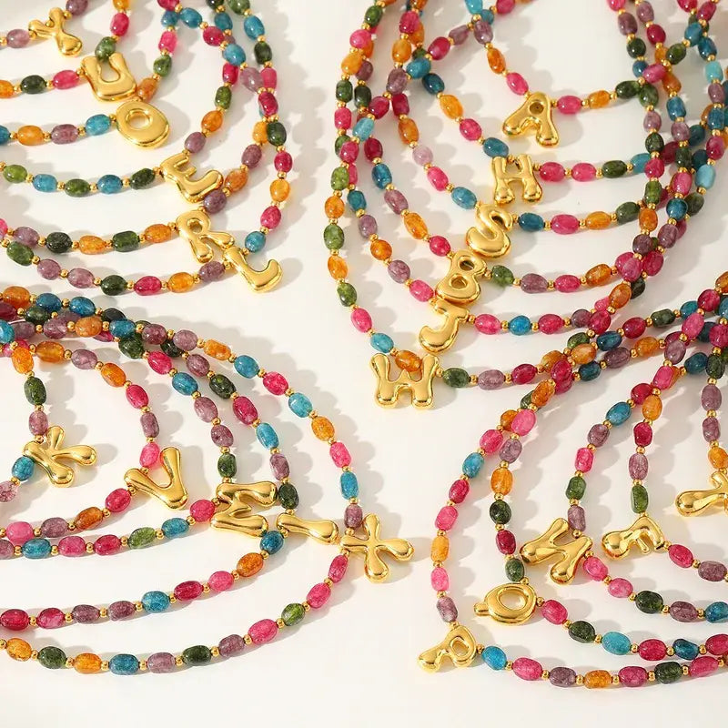 18K Gold Plated Initial Stone Beaded Necklace Jewelry