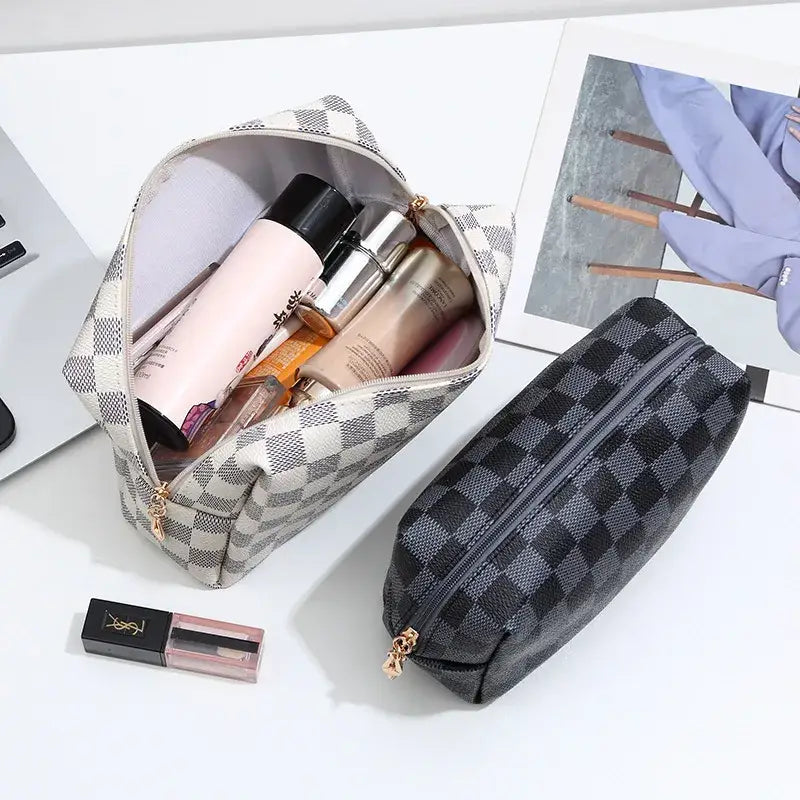 Waterproof Checkered PU Leather Cosmetic & Makeup Bag