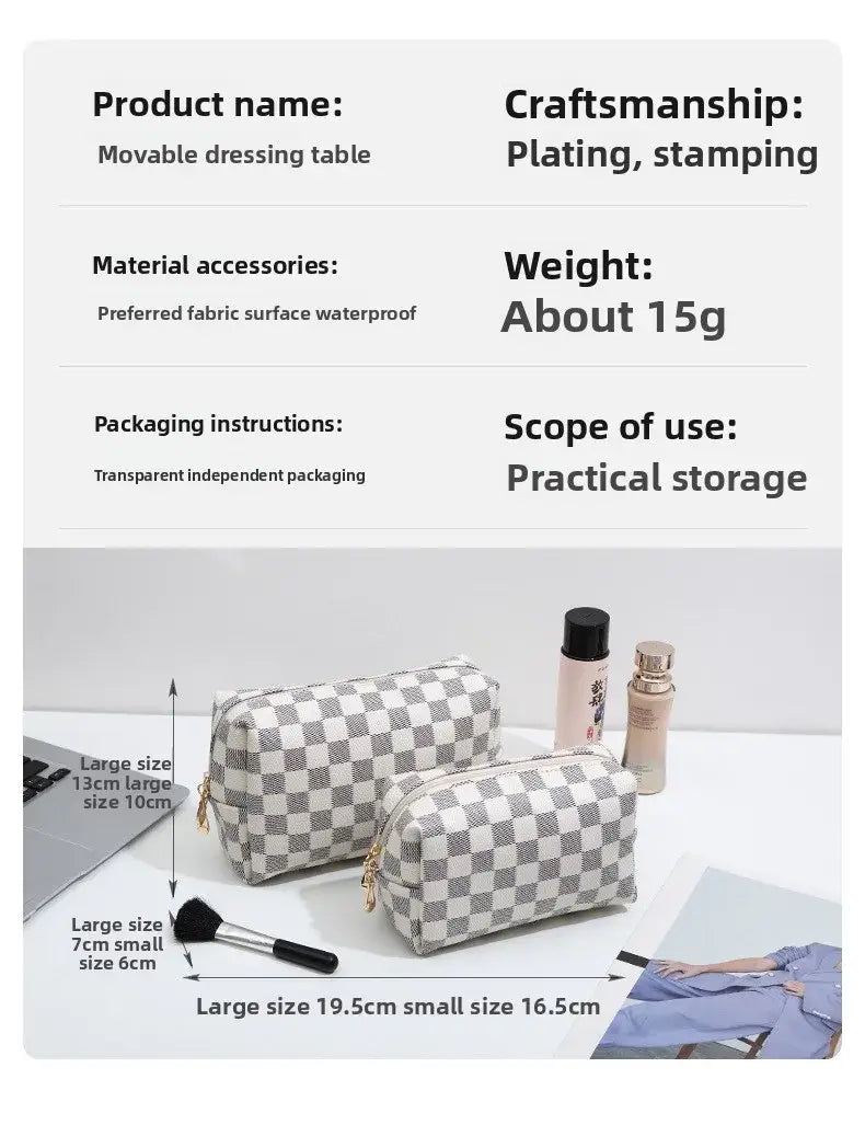 Waterproof Checkered PU Leather Cosmetic & Makeup Bag