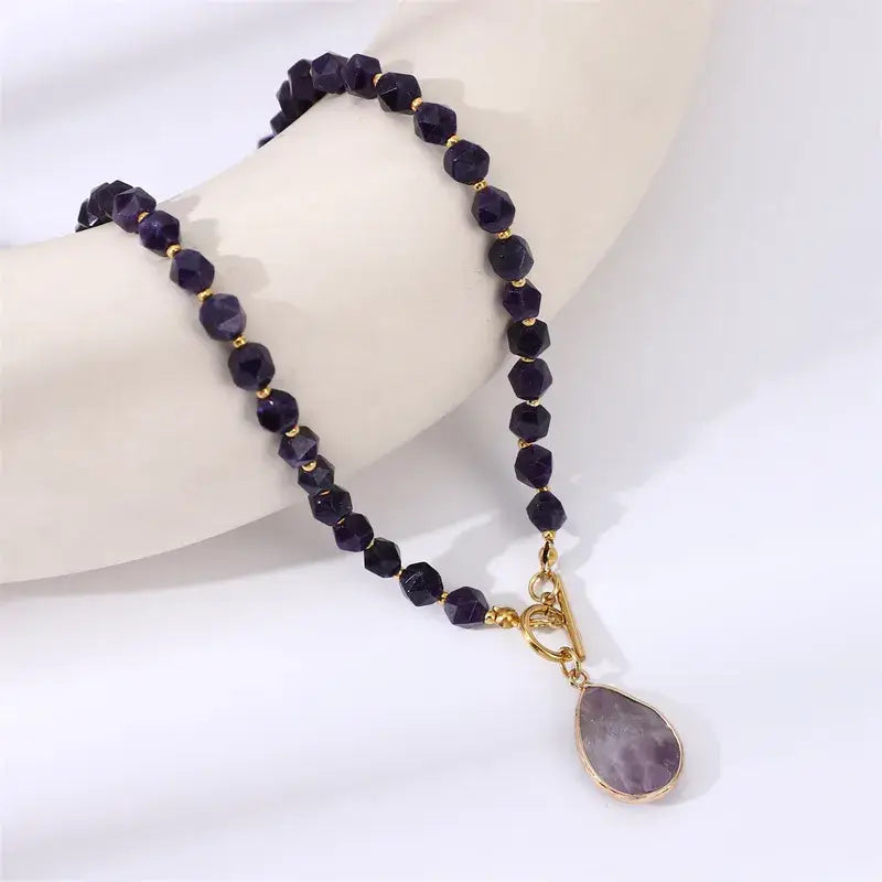 Natural Tiger Eye & Agate Geometric Beaded Pendant Necklace