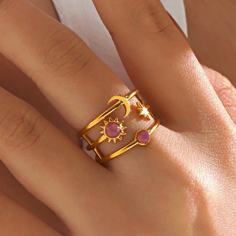 Moon & Star Adjustable Ring with Stones