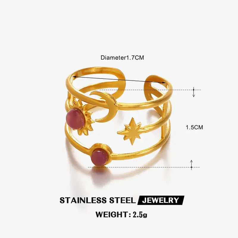 Moon and Star with Stones Adjustable Ring Jewelry