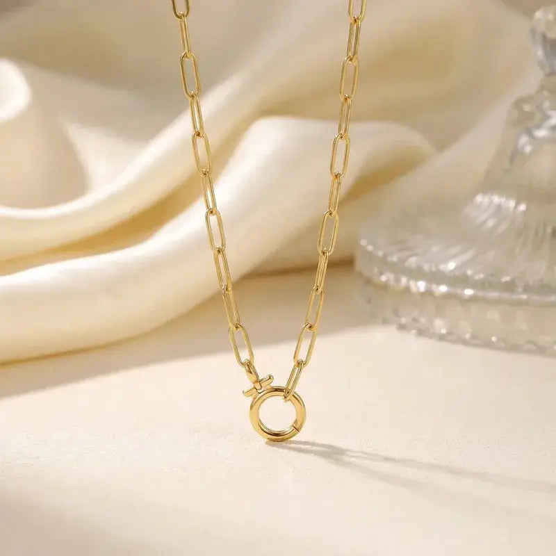 18K Gold Geometric Necklace with Paperclip Chain