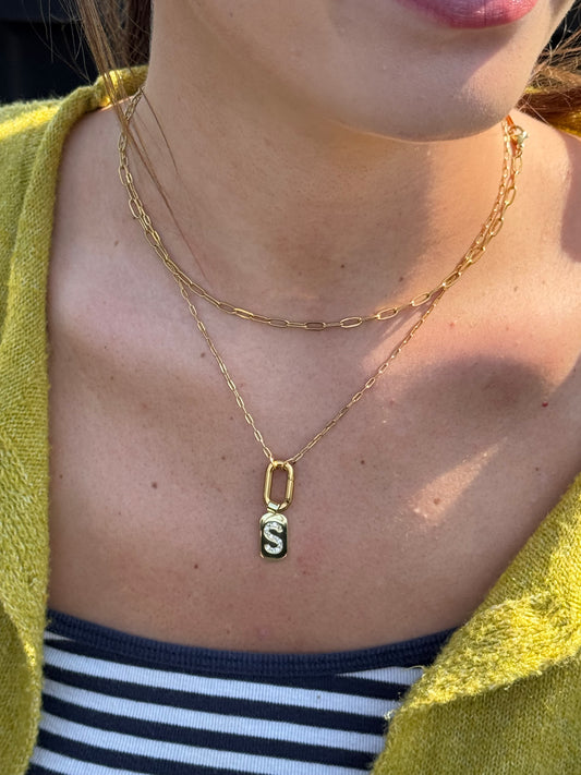 Rhinestone Initial Pendant Tag Necklace with Paper Clip Chain Jewelry