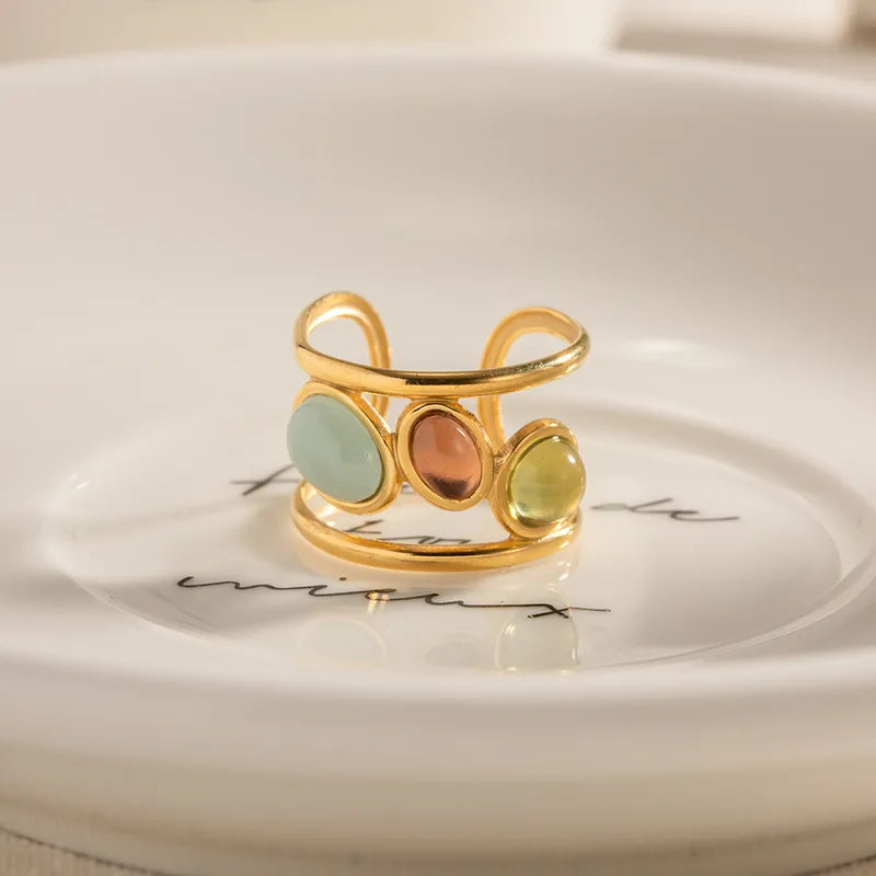Colorful Glass Inlay Open Ring – Gold Stainless Steel