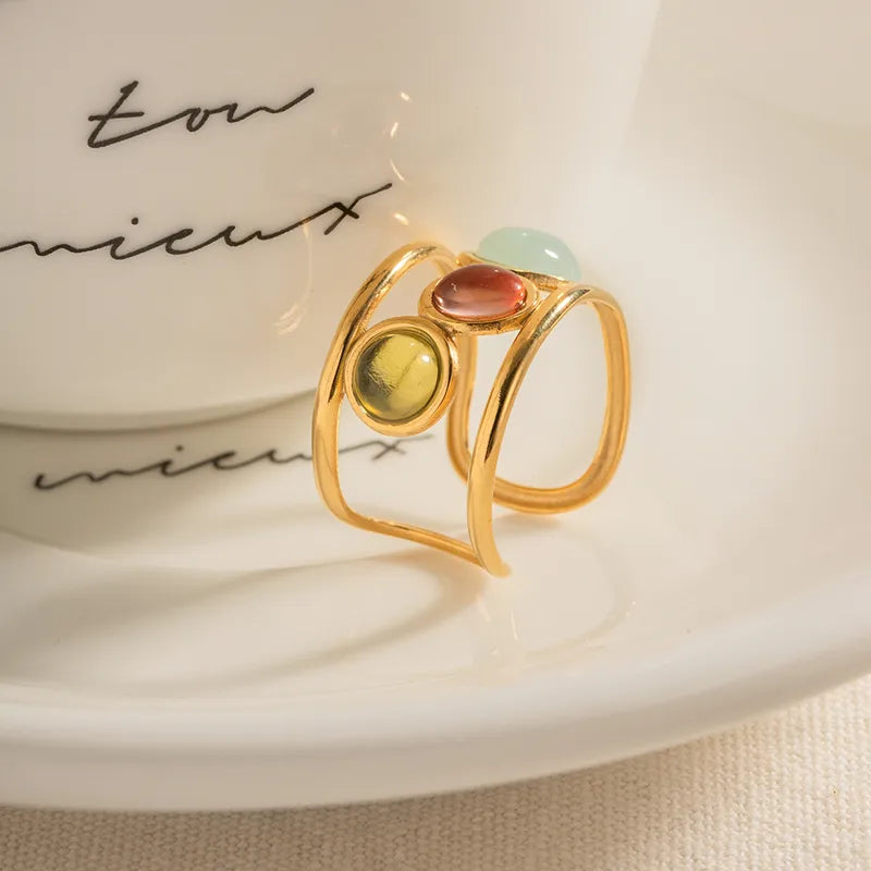 Colorful Glass Inlay Open Ring – Gold Stainless Steel