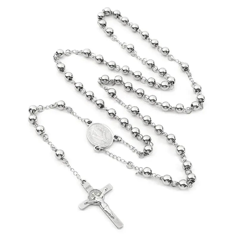 Silver Rosary Cross Bead Necklace Stainless Steel