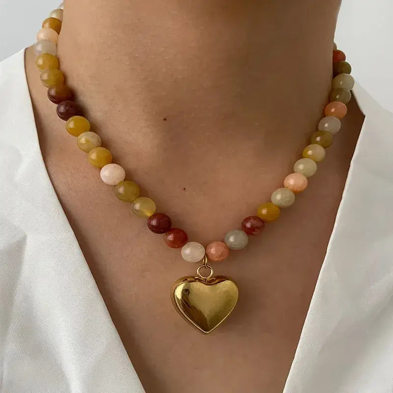 Stone Beaded Necklace with Heart Pendant