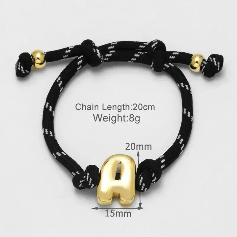 18K Gold Letter Charm Woven Bracelet with Adjustable Rope