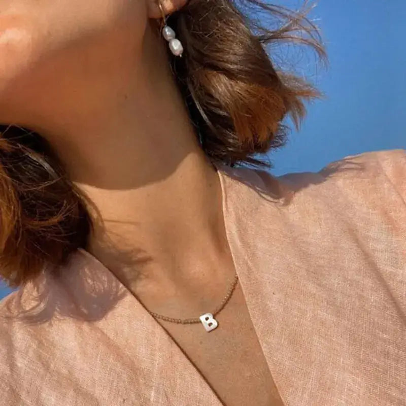 Beaded Initial Letter Shell Pendant Necklace Jewelry